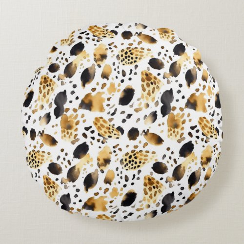 Gold Black White Leopard Print Round Pillow