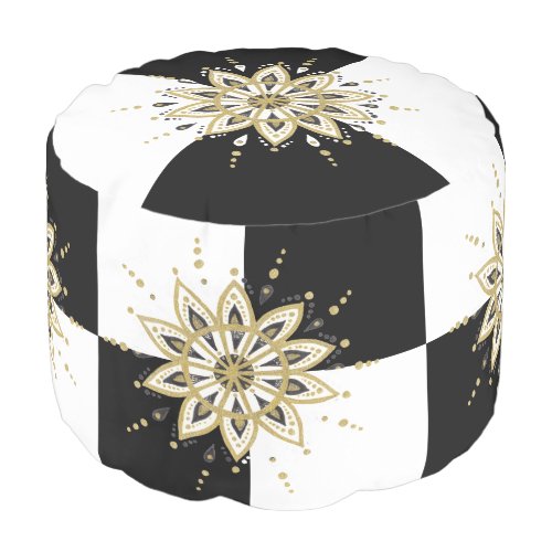 Gold Black  White Mandala Geometric Design Pouf