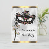 Gold Black White Masquerade Ball Party Mask Invitation (Standing Front)