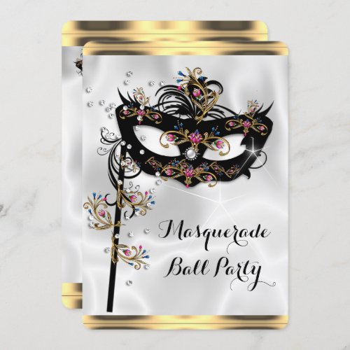 Gold Black White Masquerade Ball Party Mask Invitation
