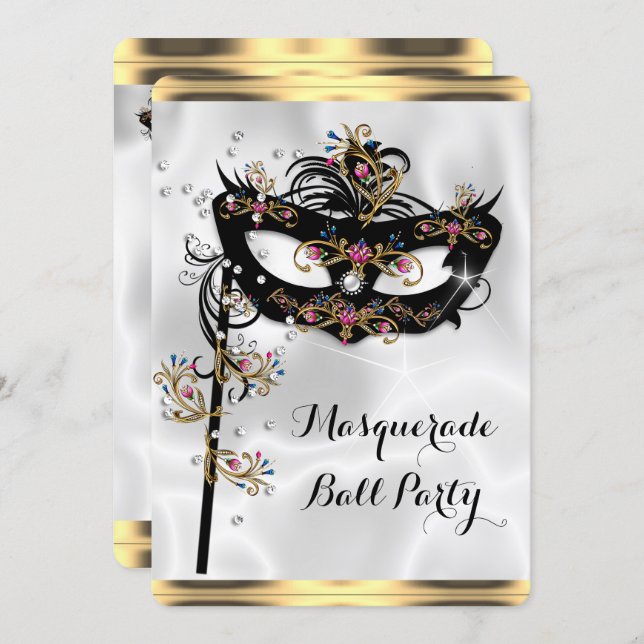Gold Black White Masquerade Ball Party Mask Invitation (Front/Back)
