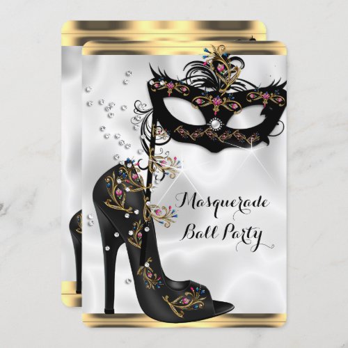 Gold Black White Masquerade Ball Party Mask Jewel Invitation