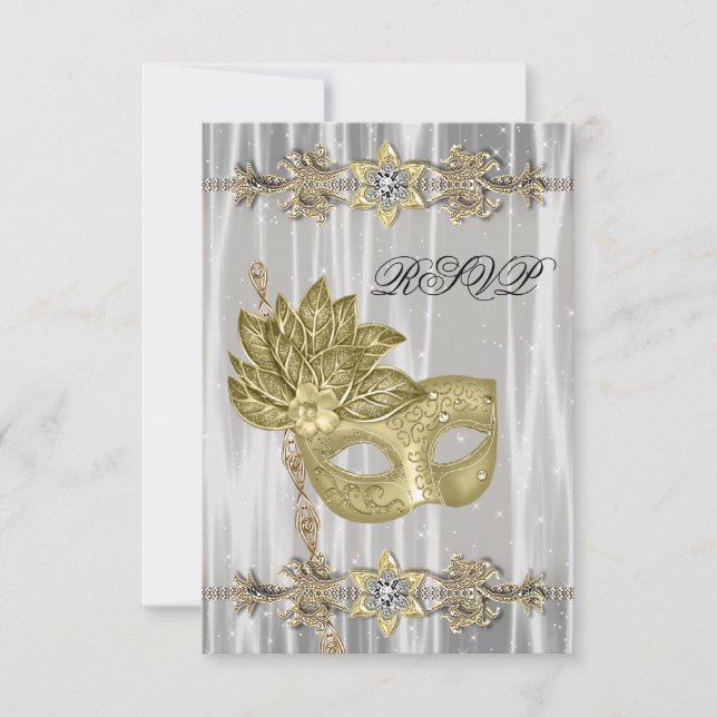 Gold Black White Masquerade Party RSVP (Front)
