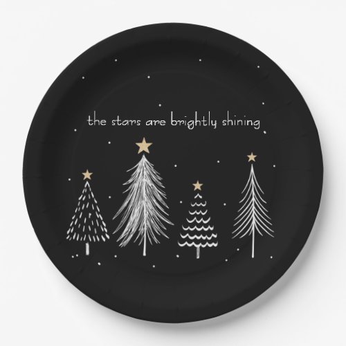 Gold Black White Modern Christmas Tree Stars Paper Plates