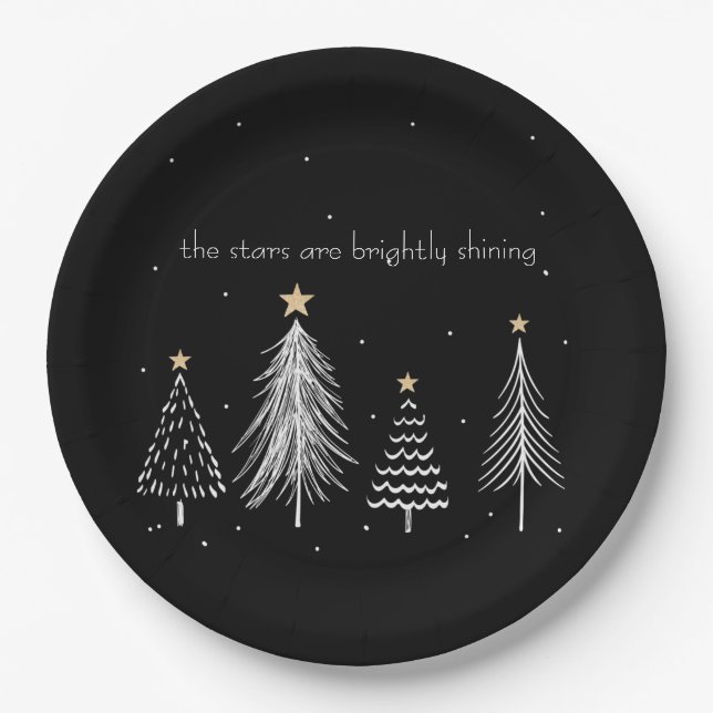 Gold, Black, White Modern Christmas Tree Stars Paper Plates (Front)