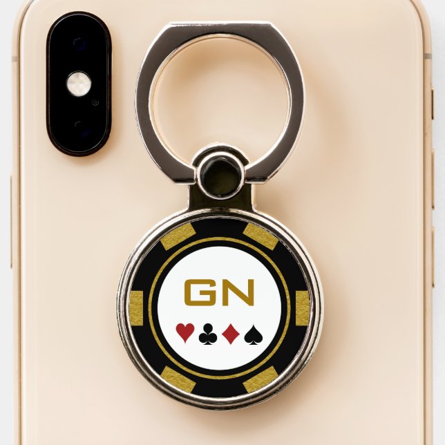 Gold Black & White Poker Chip Casino Initials Phone Ring Stand (Close Up)