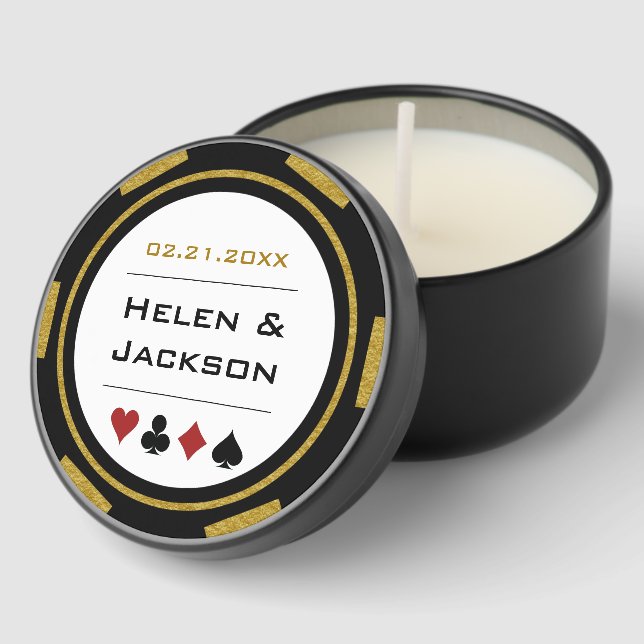 Gold Black White Poker Chip Casino Wedding Mini Candle Favors (Corner)