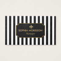 Gold, Black & White Stripes Custom Monogram Business Card