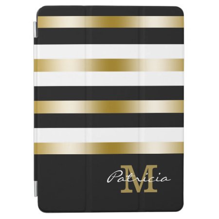 Gold Black White Stripes Custom Monogram Ipad Air Cover