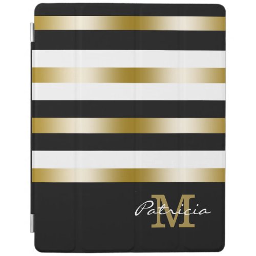 Gold Black White Stripes Custom Monogram iPad Smart Cover