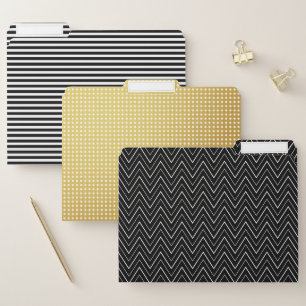Gold, Black & White Stripes Dots & Chevron Pattern File Folder