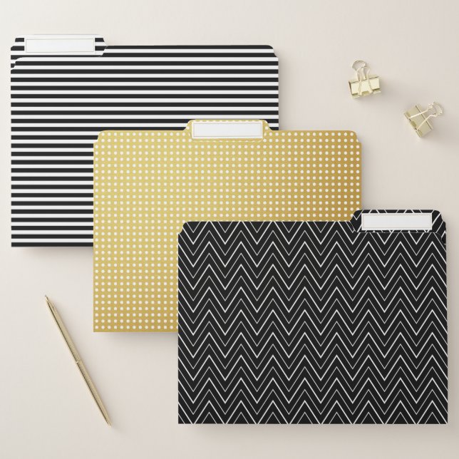 Gold, Black & White Stripes Dots & Chevron Pattern File Folder (Set)