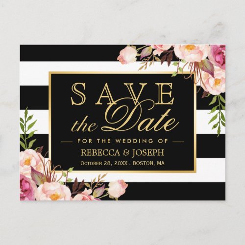 Gold Black White Stripes Floral Save the Date Postcard