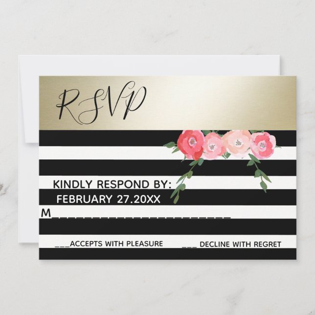Gold Black/white stripes roses wedding RSPV Invitation (Front)