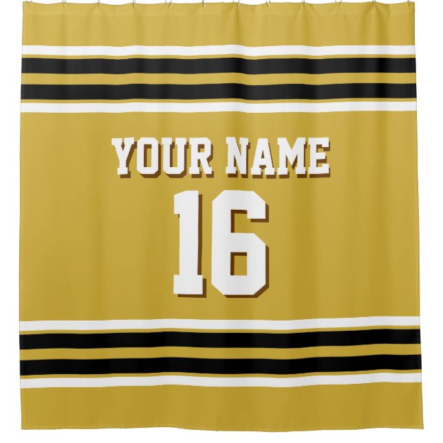 Gold Black White Stripes Sports Jersey Shower Curtain (Front)