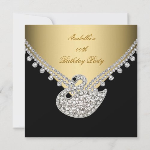 Gold Black White Swan Elegant Birthday Party Invitation