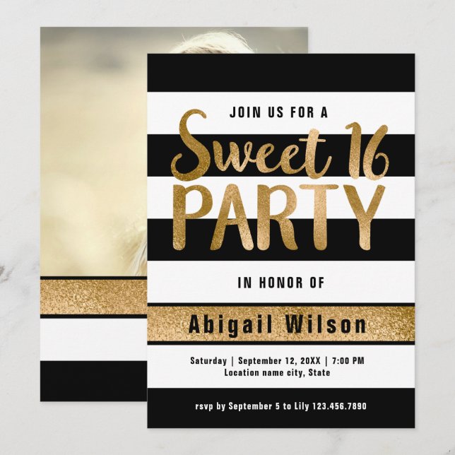 Gold black white sweet sixteen birthday party invitation (Front/Back)