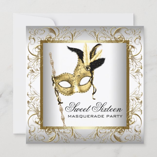 Gold Black White Sweet Sixteen Masquerade Party Invitation (Front)