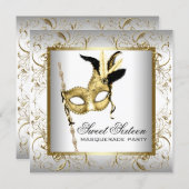 Gold Black White Sweet Sixteen Masquerade Party Invitation (Front/Back)