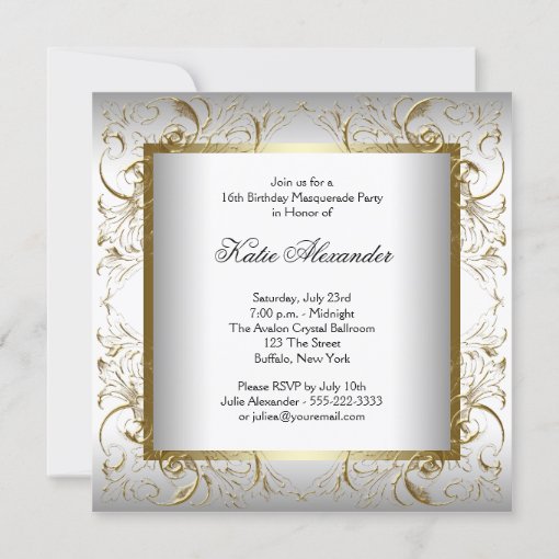 Gold Black White Sweet Sixteen Masquerade Party Invitation | Zazzle