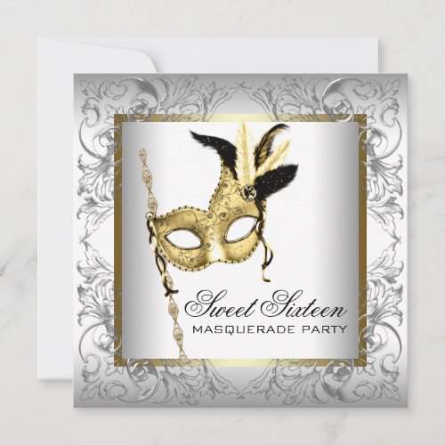 Gold Black White Sweet Sixteen Masquerade Party Personalized Announcement