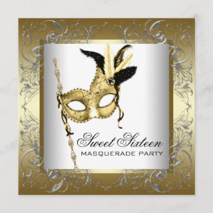 Gold Black White Sweet Sixteen Masquerade Party Invitation
