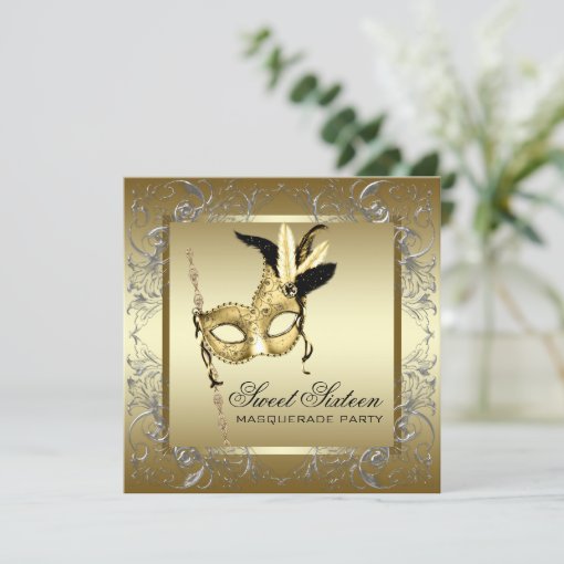 Gold Black White Sweet Sixteen Masquerade Party Invitation Zazzle