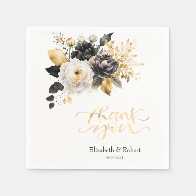 Gold Black White Thank You Card Napkins (Front)