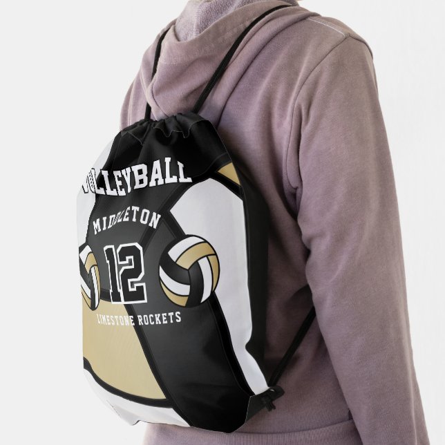 Gold, Black & White Volleyball Sport Drawstring Ba Bag (Insitu)