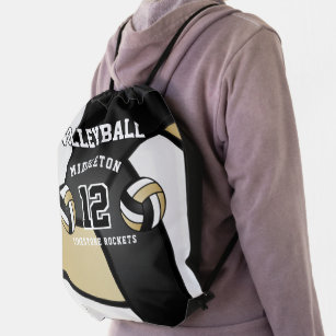 Gold, Black & White Volleyball Sport Drawstring Ba Drawstring Bag