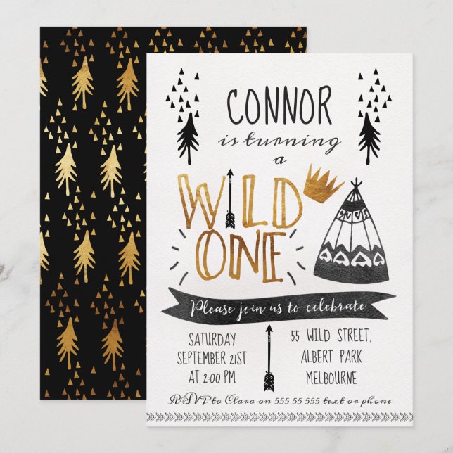 Gold Black Wild One Boys 1st Birthday Invitation (Front/Back)