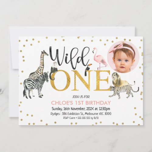 Gold Black Wild One Safari Animals Birthday Photo Invitation