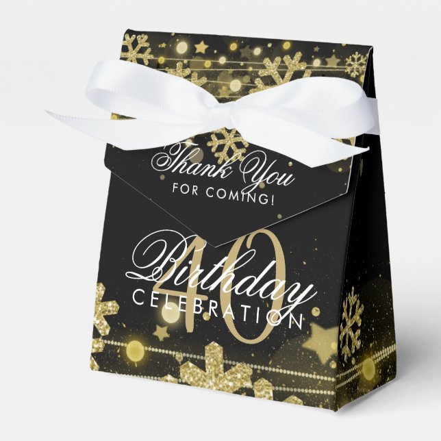 Gold Black Winter 40th Birthday Thank You Favor Boxes (Front Side)
