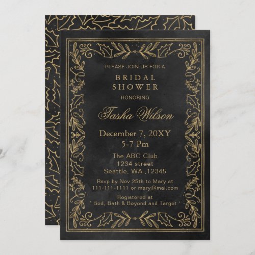 Gold Black Winter Foliage Holiday Bridal Shower Invitation
