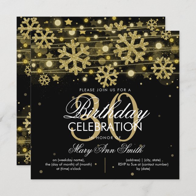 Gold Black Winter Glitter Glam 30th Birthday Invitation (Front/Back)