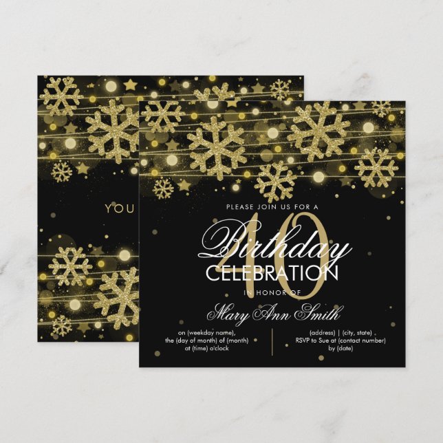 Gold Black Winter Glitter Glam 40th Birthday Invitation (Front/Back)