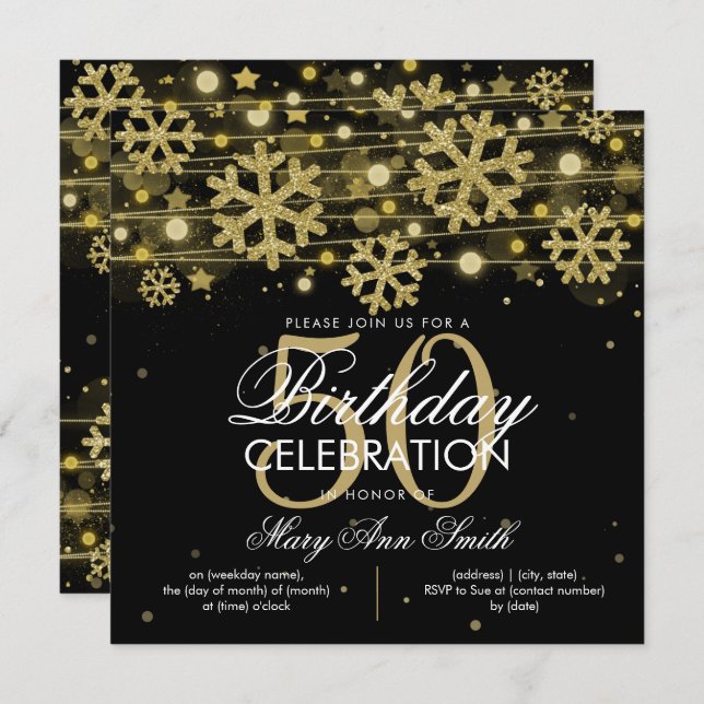 Gold Black Winter Glitter Glam 50th Birthday Invitation (Front/Back)