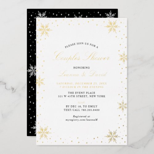 Gold  Black Winter Snow Couples Wedding Shower Foil Invitation