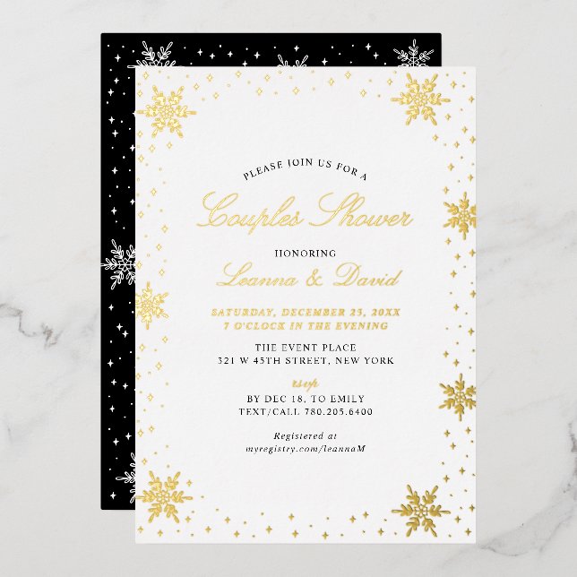 Gold & Black Winter Snow Couples Wedding Shower Foil Invitation (Front/Back)