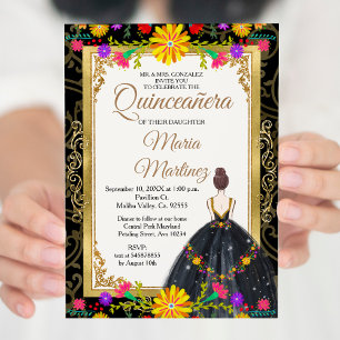 Gold Black with Mexican flowers Quinceañera Invitation