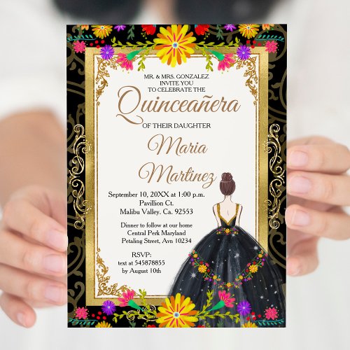 Gold Black with Mexican flowers Quinceaera  Invitation