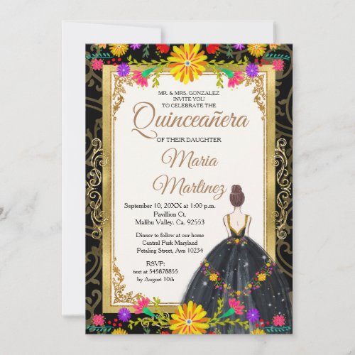 Gold Black with Mexican flowers Quinceaera  Invitation