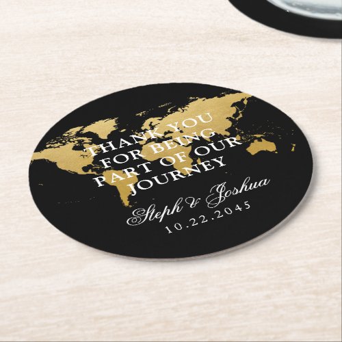 Gold Black World Map Thank You Wedding Favor Round Paper Coaster