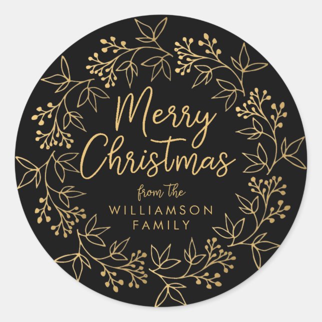 Gold Black Wreath Christmas Card Envelope Seal (Front)