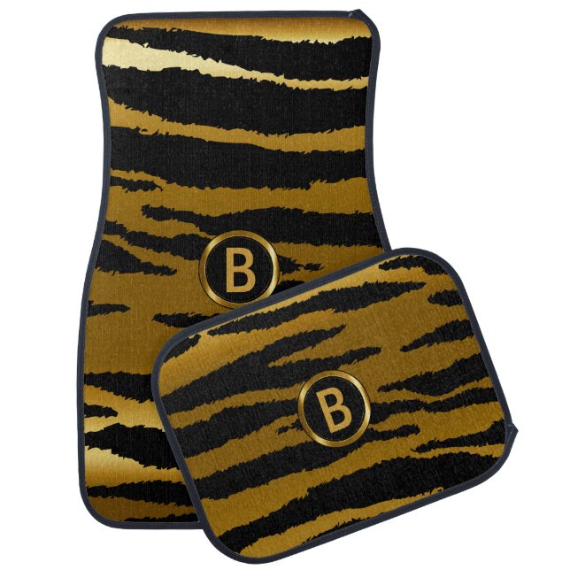 Gold & Black Zebra Animal Pattern | Monogram Car Mat (Set)