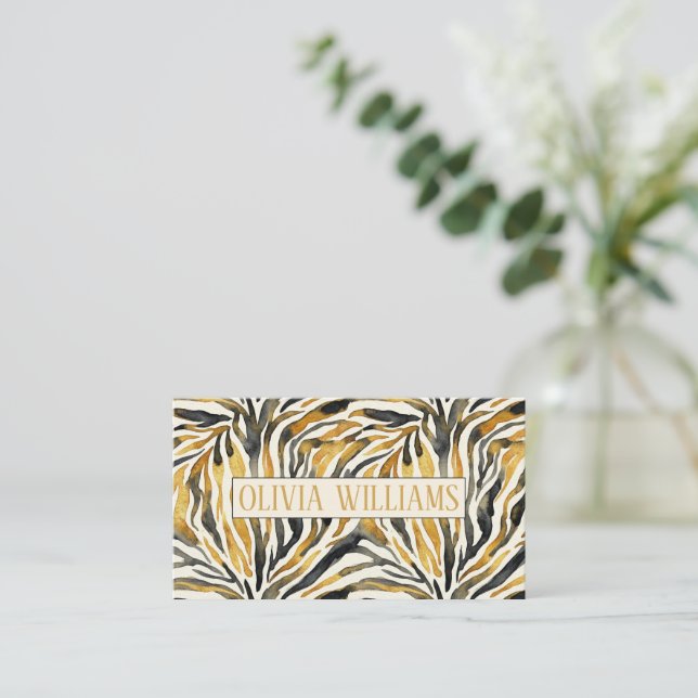 Gold Black Zebra Print Pattern Business Card (Standing Front)