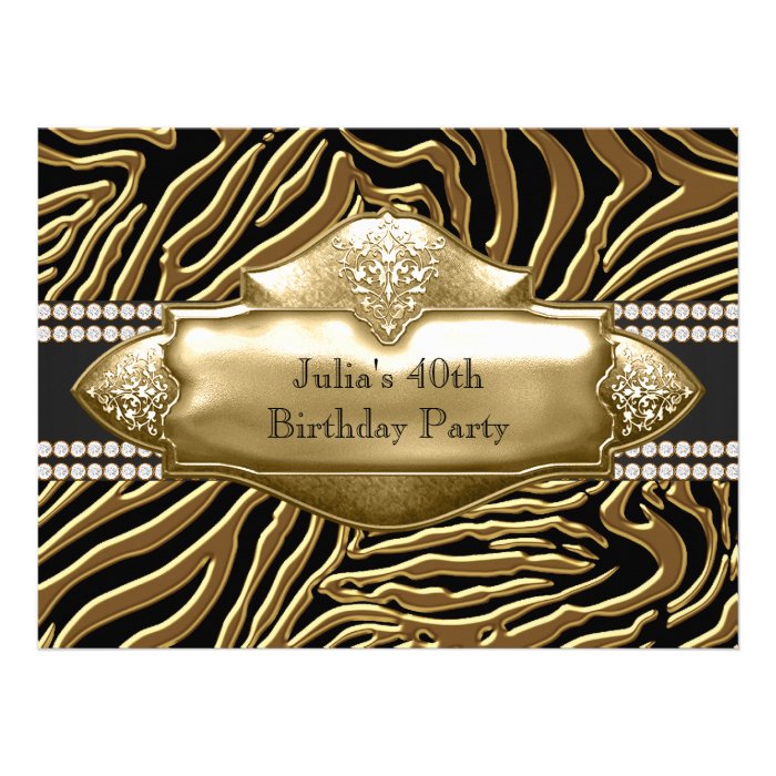 Gold Black Zebra Womans 40th Birthday Party Personalized Invites