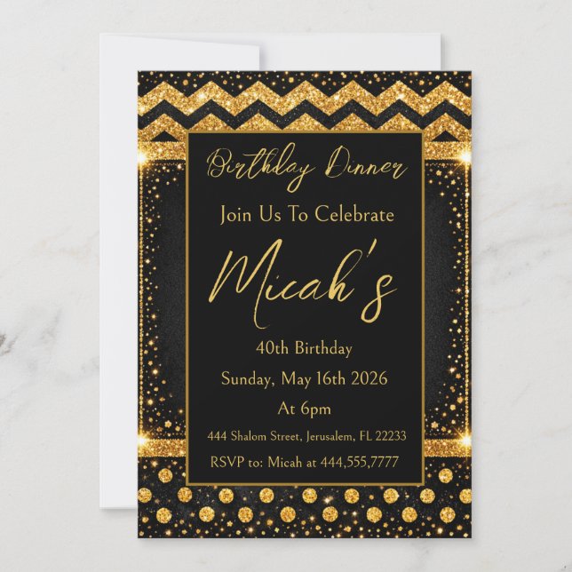 Gold Black Zig zag Lines Confetti Dots Luxury Chic Invitation (Front)
