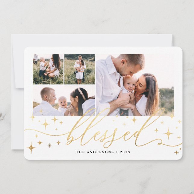 Gold blessed multi photo christmas card (Front)