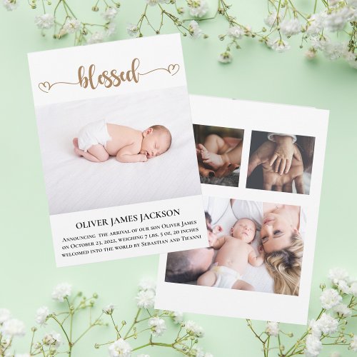 Gold Blessed with Hearts Photo Birth Announcement